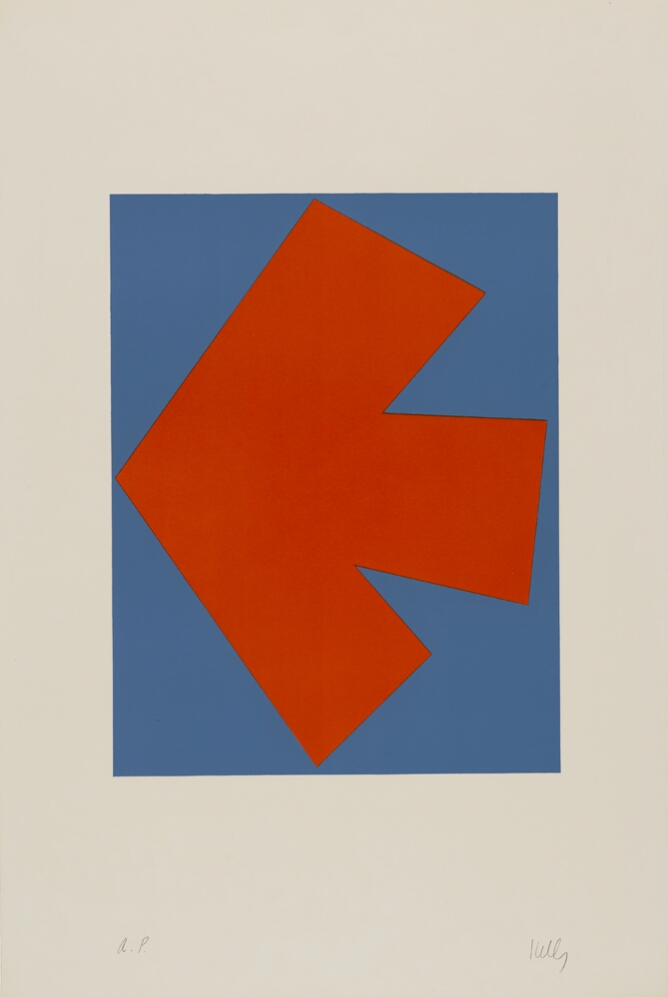 An abstract print of a large orange arrow within a blue vertical rectangle pointing to the viewer's left