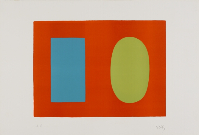 An abstract print of a light blue vertical rectangle and a light green oval within an orange horizontal rectangle