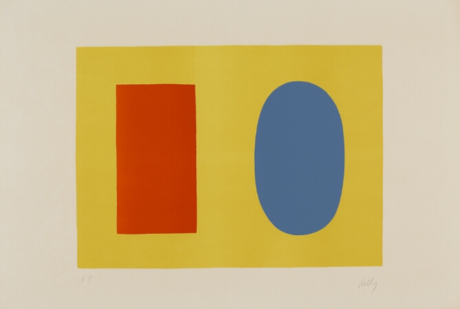 An abstract print of a orange vertical rectangle and a light blue oval within a yellow horizontal rectangle