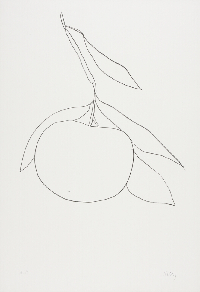 A black and white abstract print of a tangerine hanging from a stem with leaves, using minimal lines
