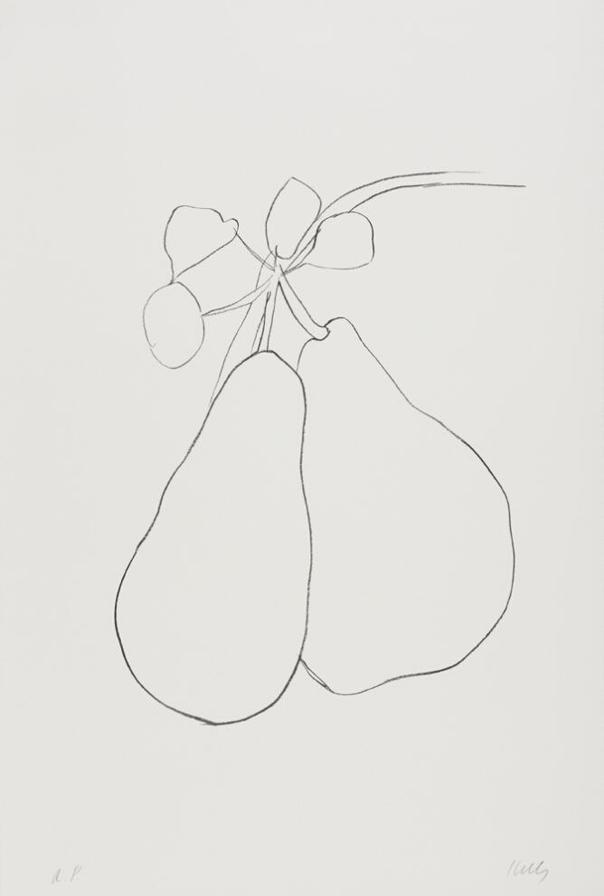 A black and white abstract print of two pears hanging from a branch with four small leaves above them, using minimal lines