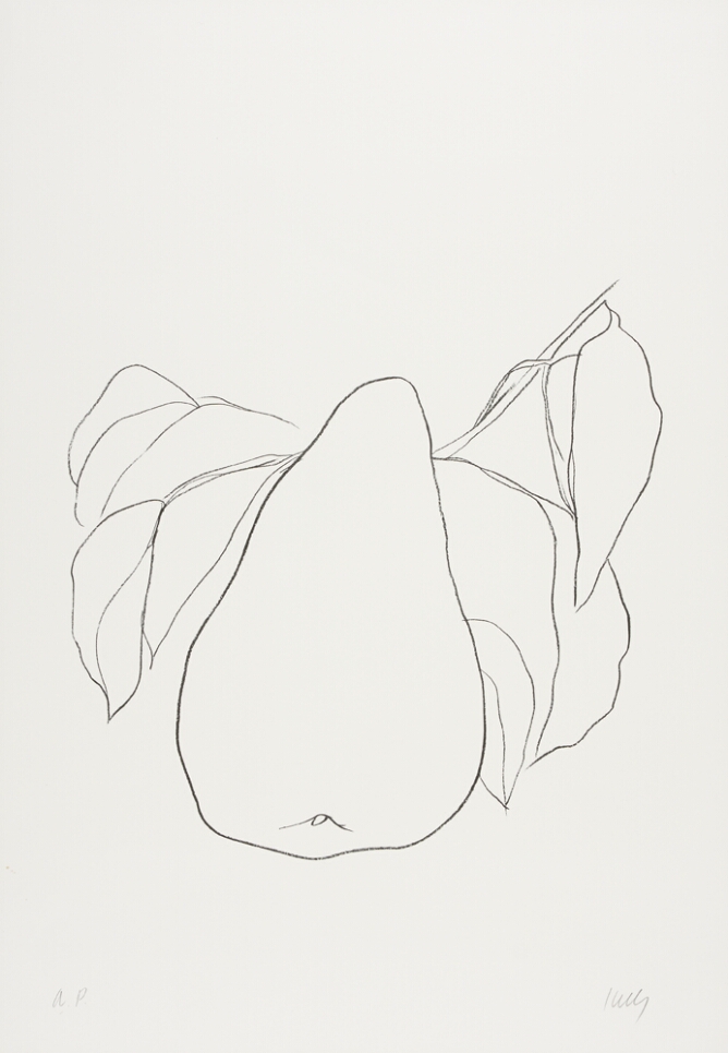A black and white abstract print of a pear with leaves on each side of it, using minimal lines