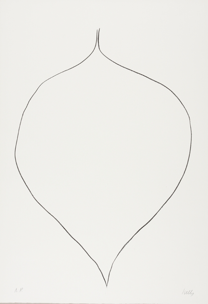 A black and white abstract print of an outline of a large leaf pointing down