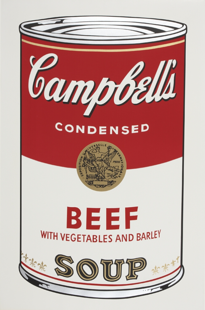 A color print of a large Campbell's beef with vegetables and barley soup can