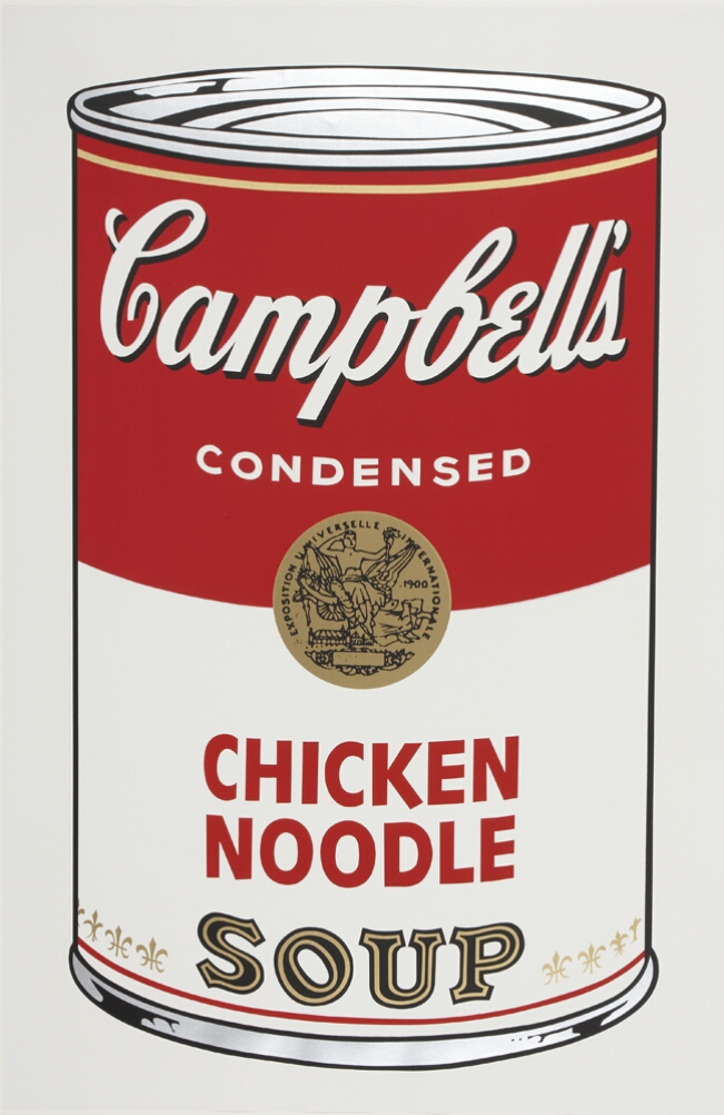 A color print of a large Campbell's chicken noodle soup can