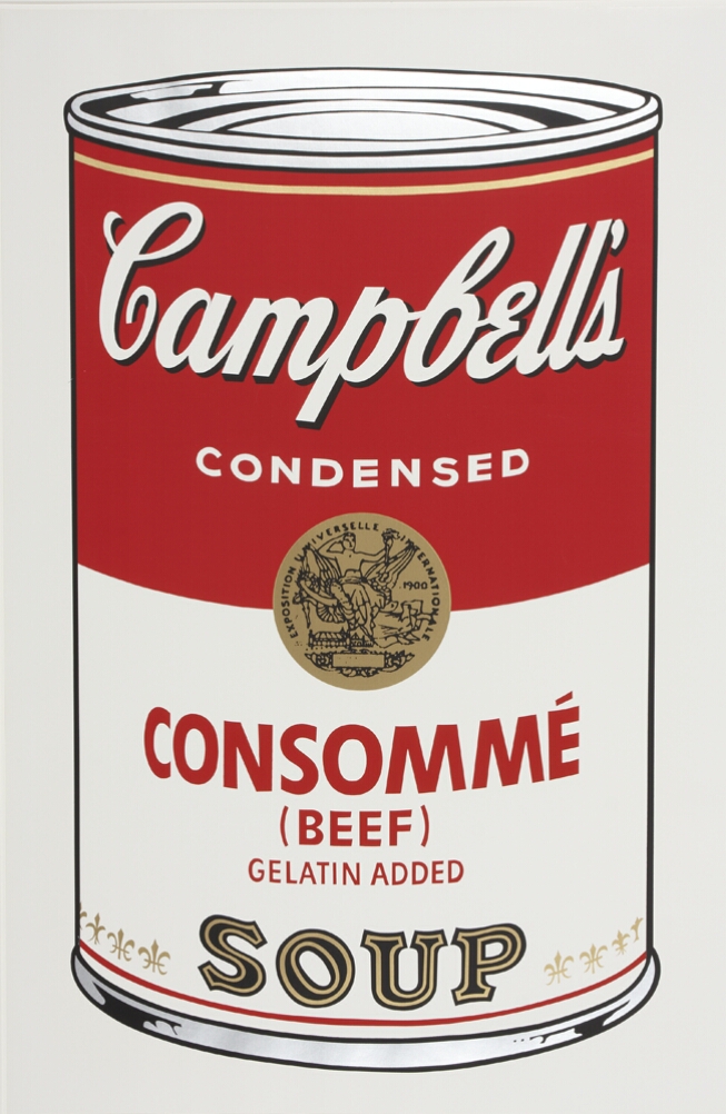 A color print of a large Campbell's consommé (beef) gelatin added soup can