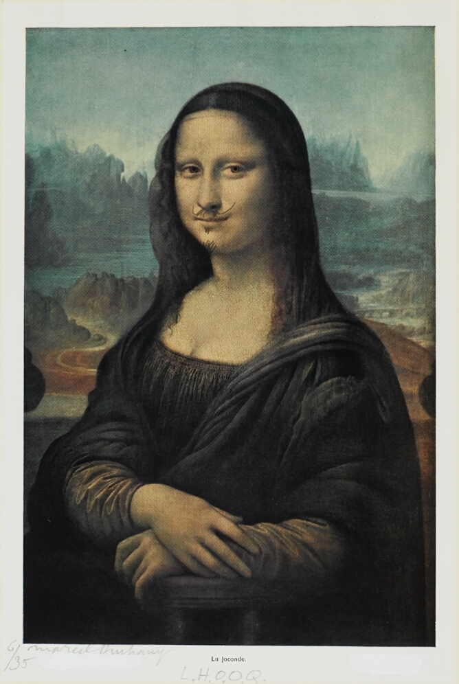 A half-length portrait of a sitting woman against a landscape with a drawn-in mustache and goatee. Text on the bottom border reads La Jaconde and the handwritten letters L.H.O.O.Q.