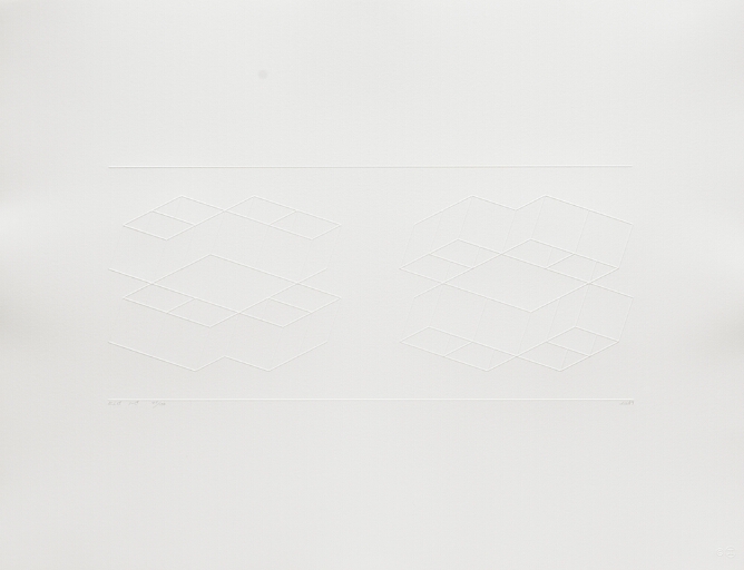 A white-on-white abstract print showing two different constructions of squares side by side