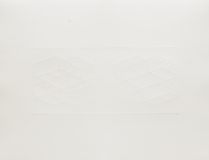 A white-on-white abstract print showing two different constructions of squares and rectangles side by side