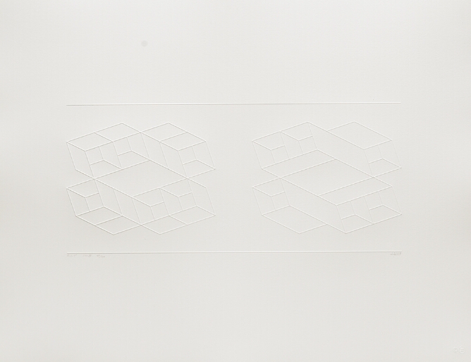 A white-on-white abstract print showing two different constructions of squares and rectangles side by side