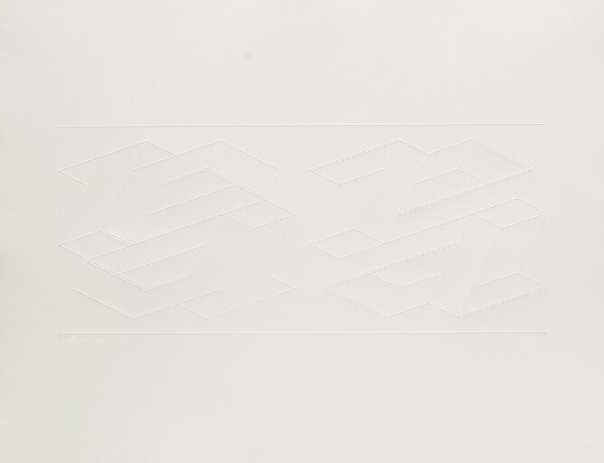 A white-on-white abstract print showing two different constructions of rectangles side by side
