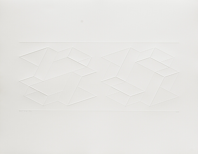 A white-on-white abstract print showing two different constructions of rectangles and squares side by side