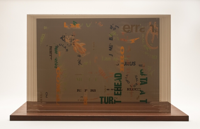 Fragments of black, dark green and light orange text and images of a rope and plant printed on sheets of plexiglass set into a wooden base and assembled to form an abstract multi layered composition