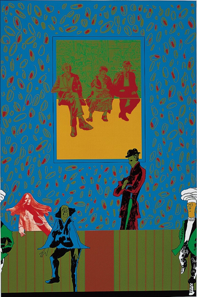 An abstract color print of three sitting figures framed in a tall border against a patterned background, with cartoon-like figures standing in the foreground and a woman shown from the waist up