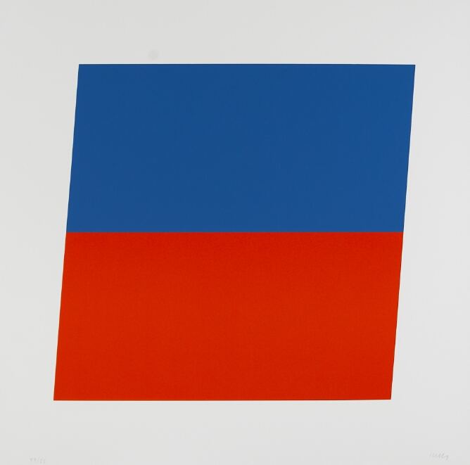 An abstract print of a slanted square with the top half blue and the bottom half red-orange