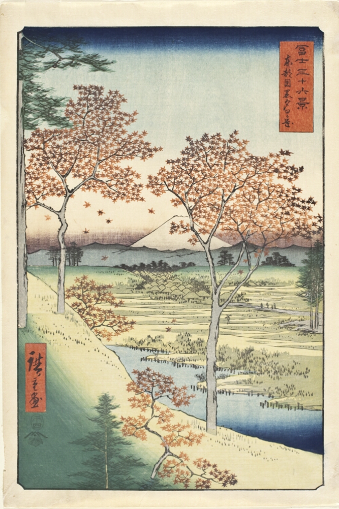 A color print of trees with star-shaped red leaves on a hill by a river with a field, rooftops and a white mountain in the distance