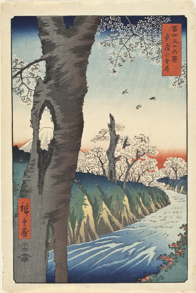 A color print showing a snow-capped mountain viewed through a split in the trunk of a large tree by a river flowing by hills with blossoming pink trees