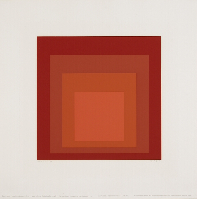 An abstract print of nested squares in shades of red, transitioning from a darker red on the outer square to a lighter red at the center