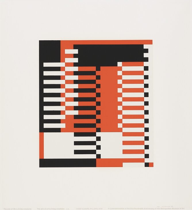 An abstract print featuring columns of horizontal white, reddish-orange and black bars against a background with sections of white, reddish-orange and black