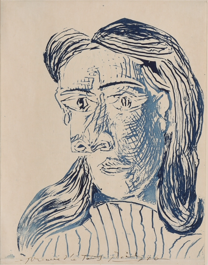 An abstract portrait of a woman in blue with exaggerated features, shoulder-length hair, and a vertical striped top, shown from the shoulders up