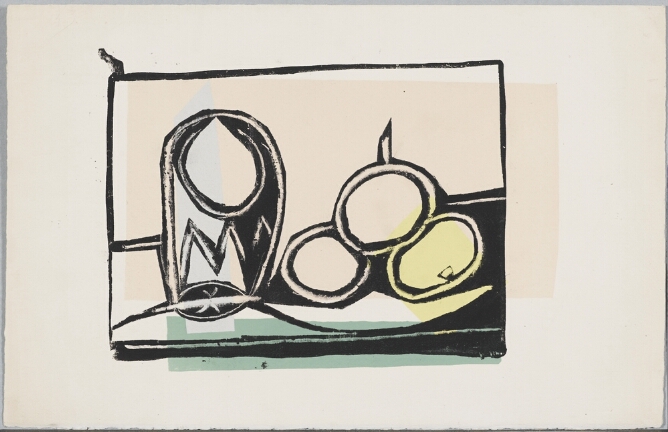 An abstract print of a cup beside three apples on a table in black, layered over pale pink, blue, yellow and green rectangular shapes