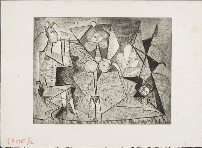 A black and white abstract print of three angular figures in a row, with areas of shading. A sitting horned figure plays a pipe next to a standing woman and a third figure is upside-down