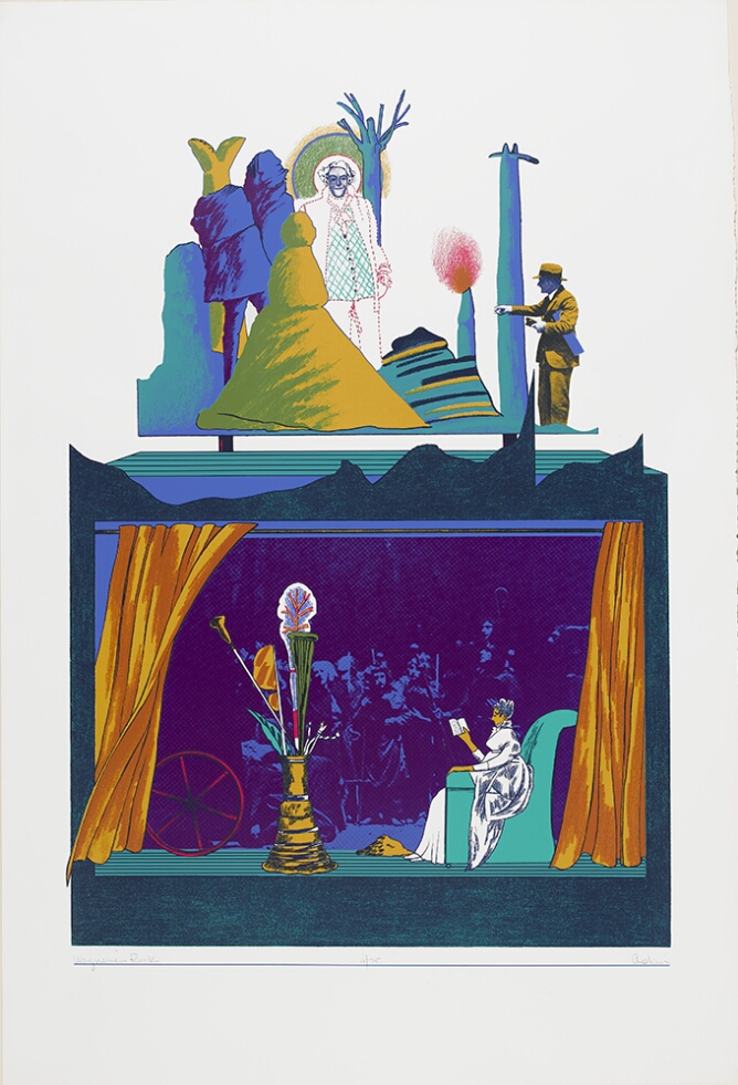 An abstract color print of two scenes. Upper scene shows figures standing in a surreal landscape. Lower scene shows a woman in profile on a stage sitting in a chair with a book, facing a vessel containing tall objects, with a background photo of a group of people