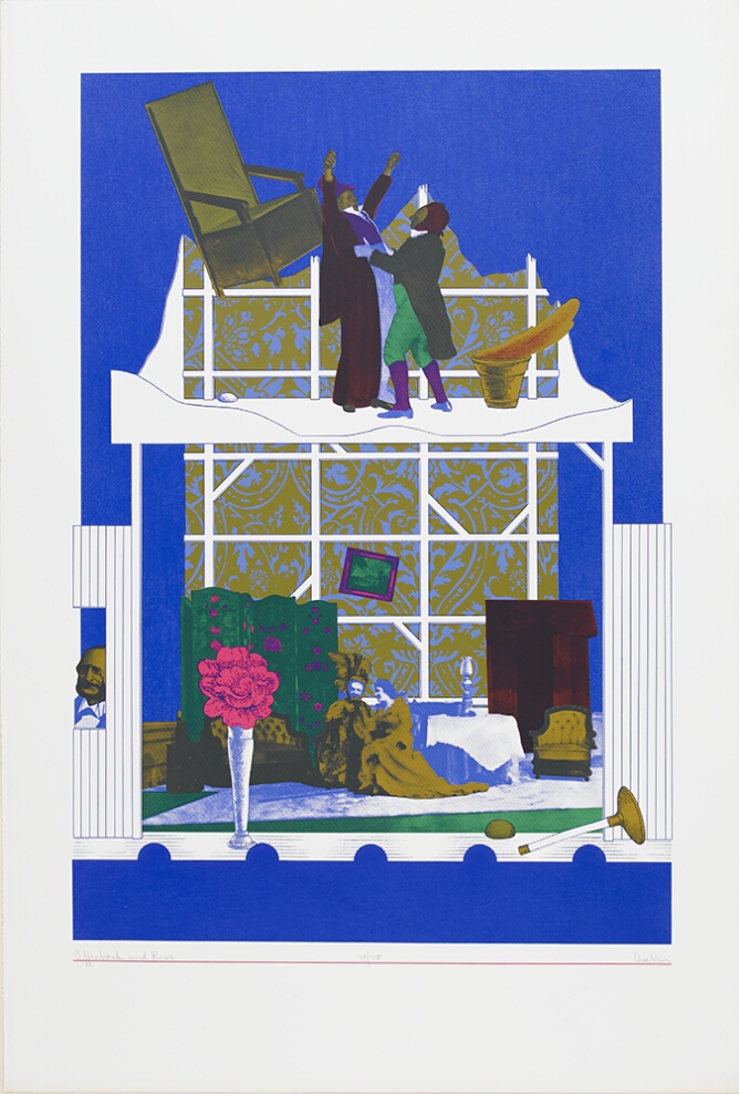 An abstract color print of two scenes. Upper scene shows two standing figures, one with their hands around the other whose arms are raised, with a floating chair behind. Lower scene shows two figures sitting in an interior space with an oversized vase with a pink flower in the foreground