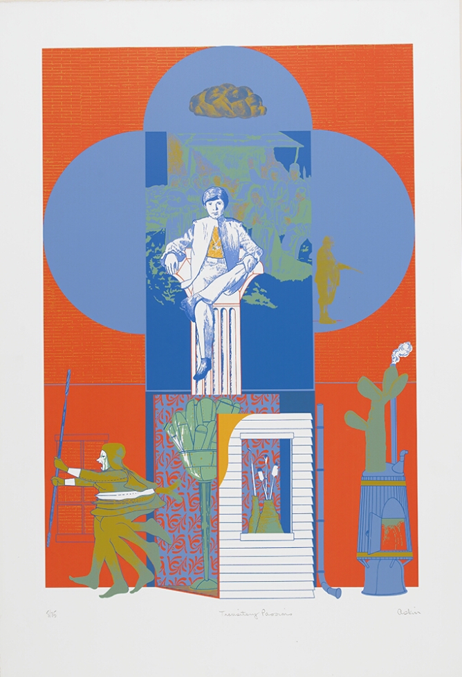 An abstract color print of a figure sitting on a pedestal encircled by three light blue semi-circles against an reddish-orange background. In the foreground, a multi-legged figure holds a stick, a window and a furnace