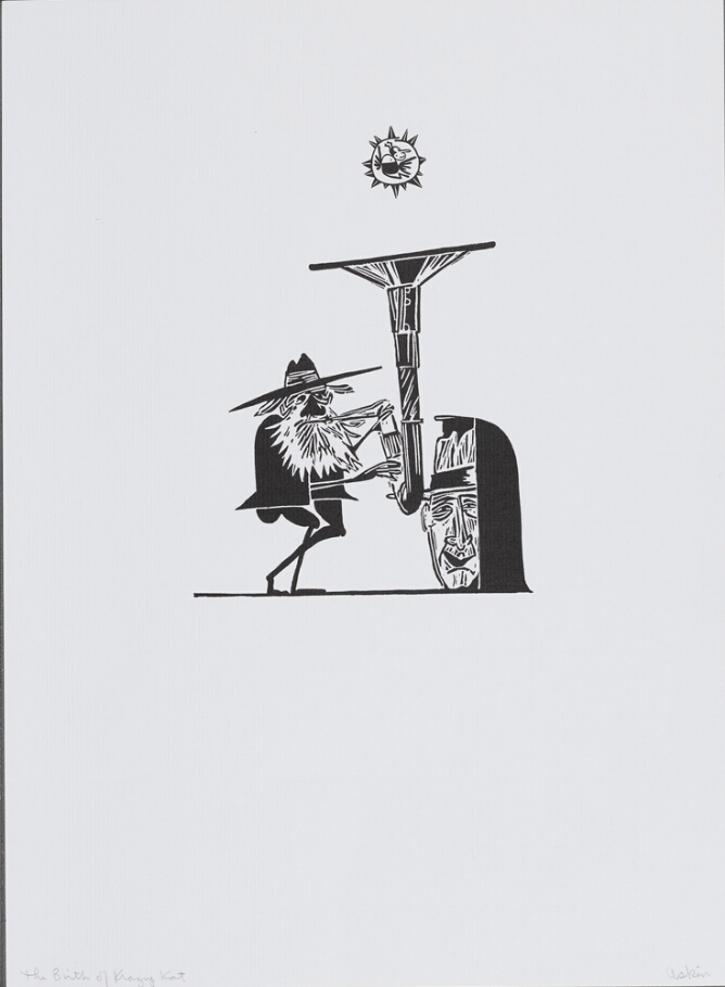 A black and white abstract print of a standing bearded figure playing a horned instrument next to a large head on the ground. A creature inside a small sun-like shape floats above the instrument