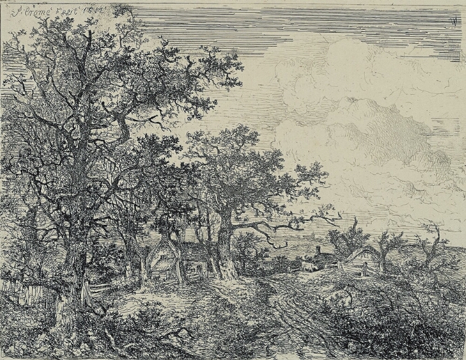 A black and white print of a road between two cottages. The cottage on the viewer's left is surrounded by trees