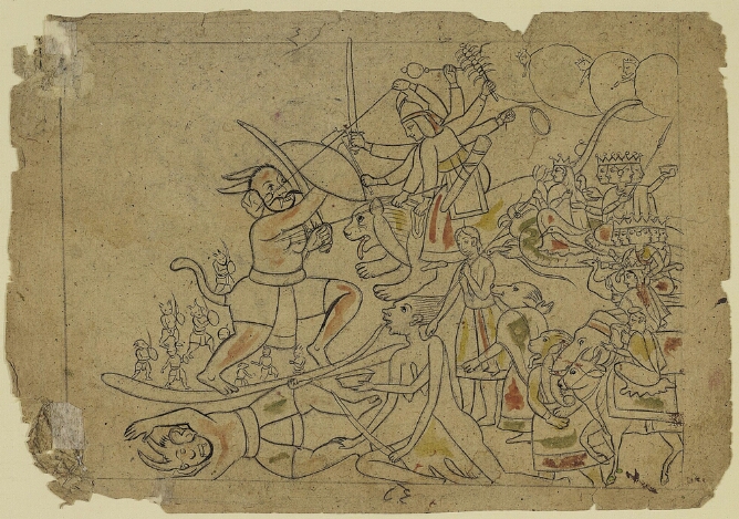A mixed media drawing of a battle scene featuring an eight-armed figure on a lion fighting a horned figure with a tail