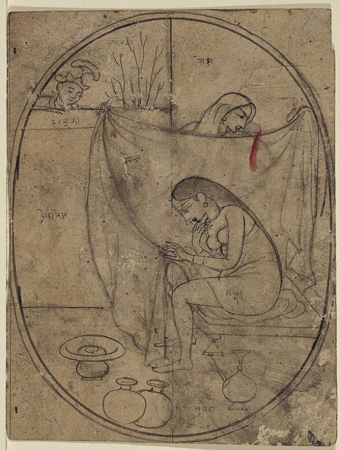A mixed media drawing of a seated woman being covered with a sheet by a figure, while a man's head peeks over a wall