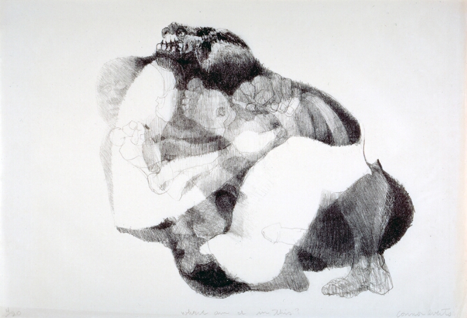 A black and white abstract print showing a cluster of body parts, some translucent, with teeth at the top