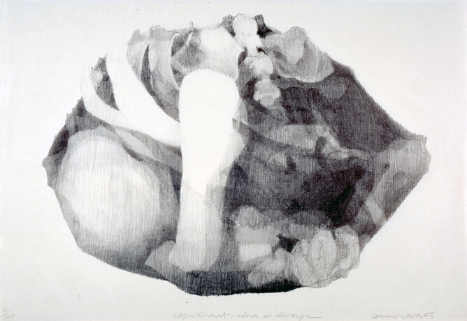 A black and white abstract print showing a cluster of skeletal body parts and fingers at the bottom