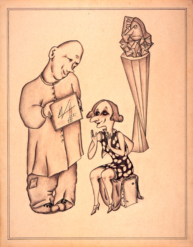 A caricature drawing of a seated woman looking up at a standing man holding a drawing. Behind them, a sculpture of a head on a pedestal