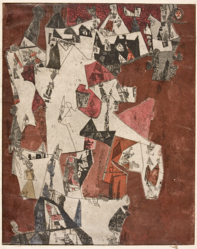 An abstract print of intricate, fanciful line drawings on a jagged white background with areas of pink, brown and black, all set against a brown backdrop