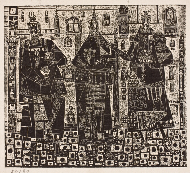An abstract print of three figures in black with details outlined in white, standing in a row holding objects, against a scratchy white decorative background