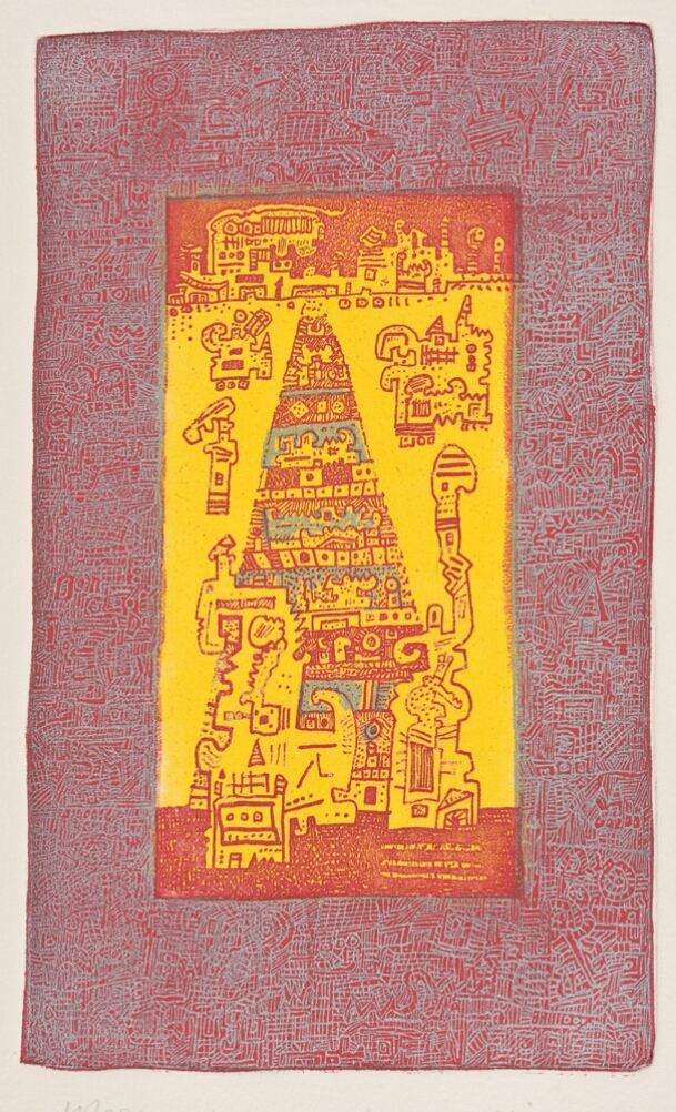 An abstract print of a red patterned triangular structure against a yellow background between bands of red, bordered by an intricate red and gray pattern