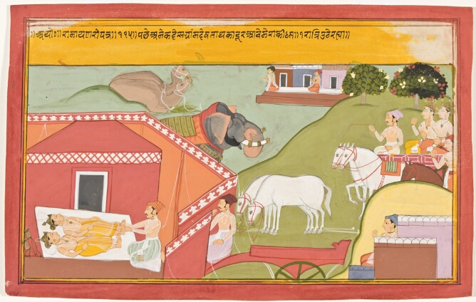 Bharata and Shatrughna Rest on the Journey to Ayodhya, folio 115 from a Ramayana series