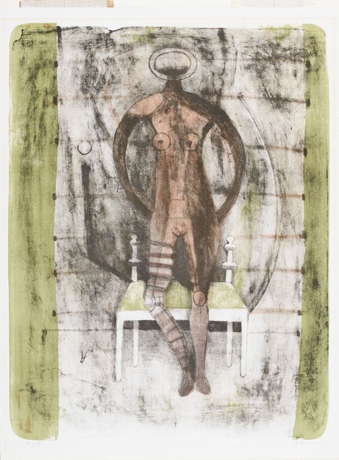 An abstract print of a peach and black nude woman without a face standing in front of a bench against a white and light green background with black smudges throughout the composition