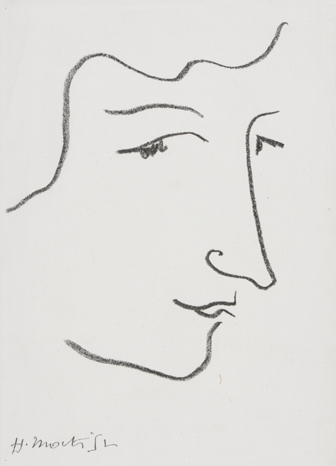 A black and white print showing a woman's face in profile using minimal line