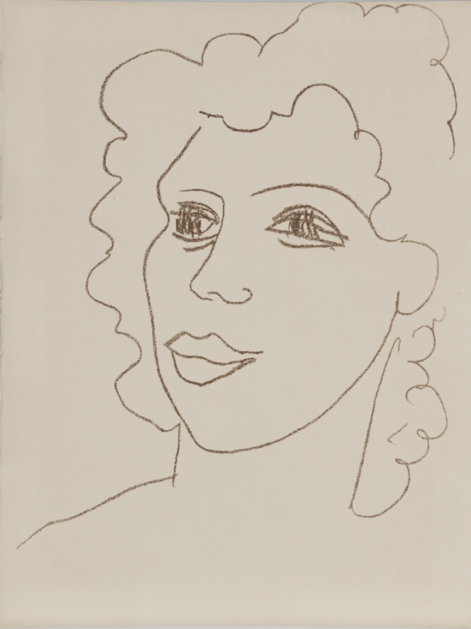 A black and white abstract print of the head and neck of a woman with short curly hair, looking towards the viewer's left, using minimal line