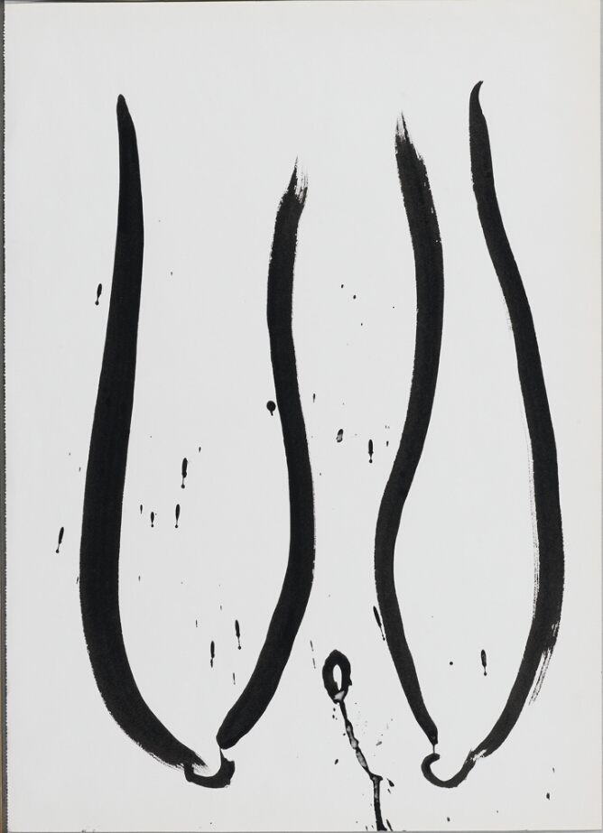 A gestural black and white, abstract drawing of elongated breasts, with splatters