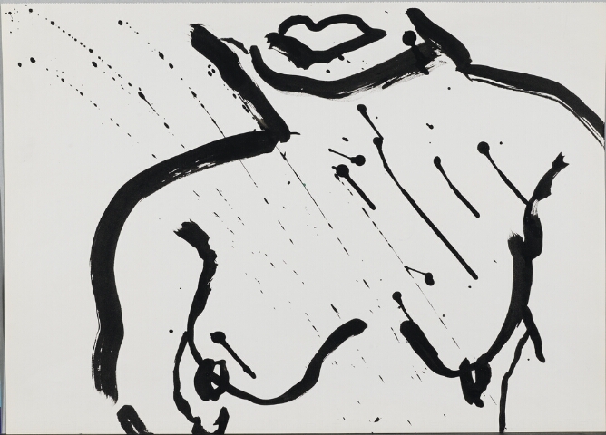 A gestural black and white, abstract drawing of a partial view of a nude female, shown from the mouth to the chest, with drips