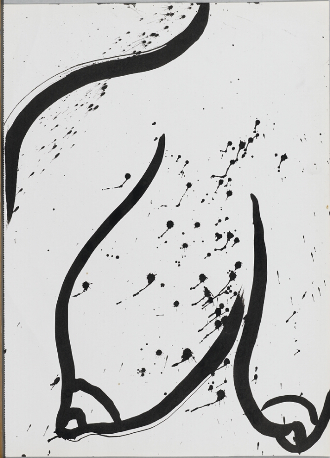 A gestural black and white, abstract drawing of elongated breasts and a shoulder, with drips and splatters