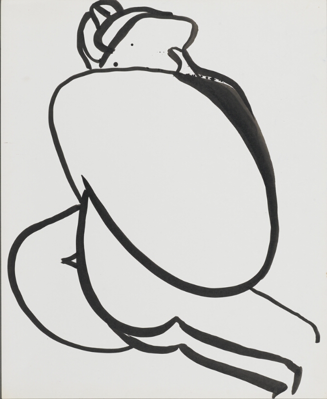 A gestural black and white, abstract drawing of two nude intertwined bodies