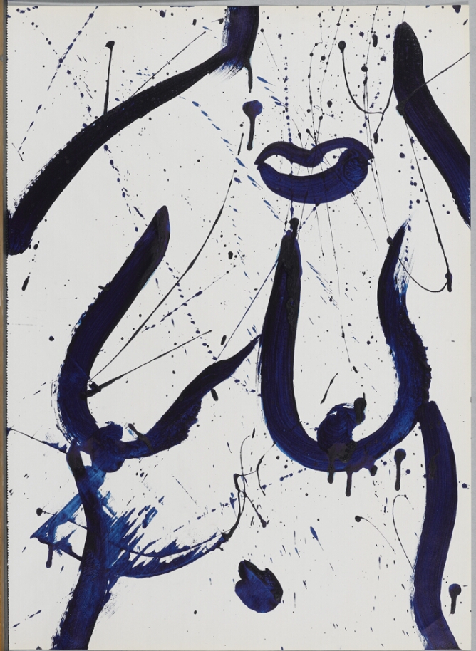 A gestural, abstract drawing of a nude female's torso in thick dark blue lines over drips and splatters
