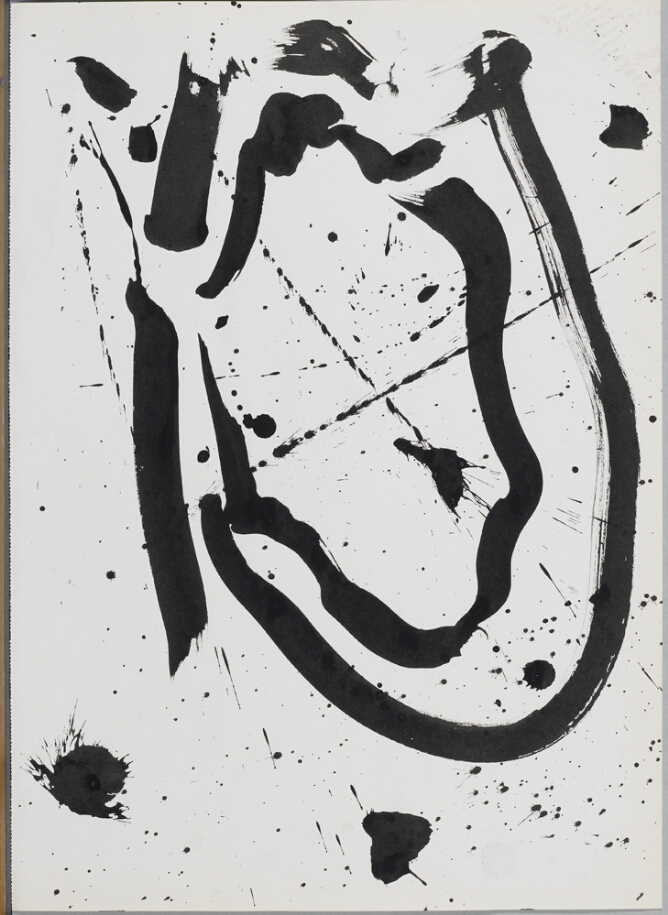An abstract drawing of black, flowing lines and splotches over drips and splatters