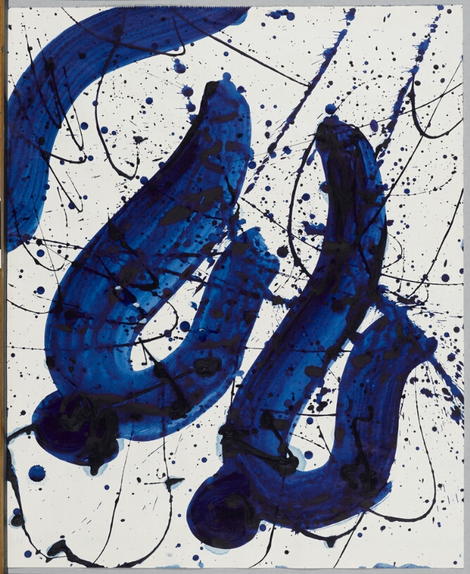 A gestural, abstract drawing of elongated breasts and a shoulder in thick, translucent dark blue lines layered over drips and splatters